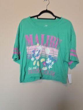 Malibu Graphic Crop Top Tee - Green with Pink Accents NWT